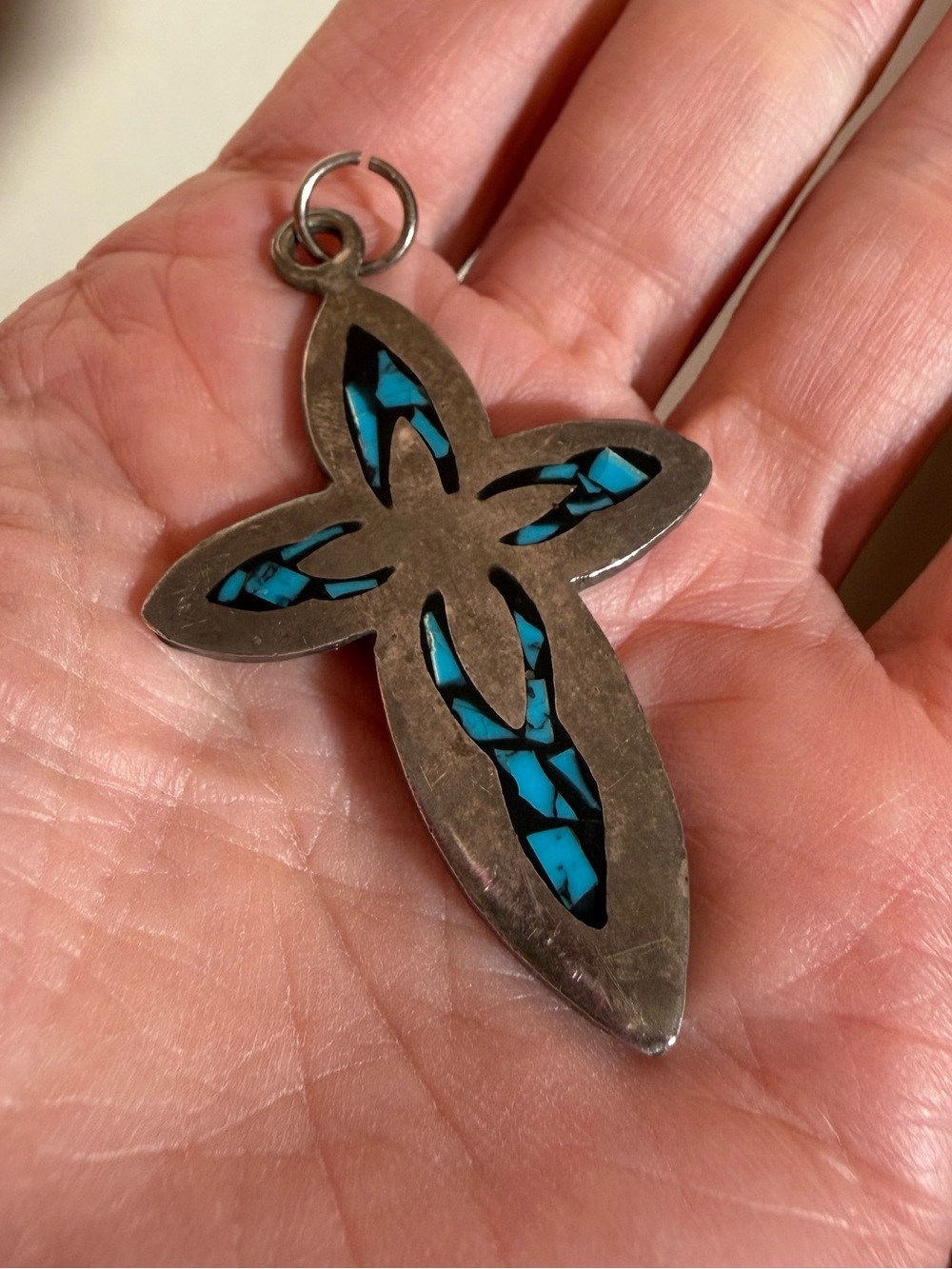Navajo Native American old pawn sterling silver  turquoise inlay cross Pendent